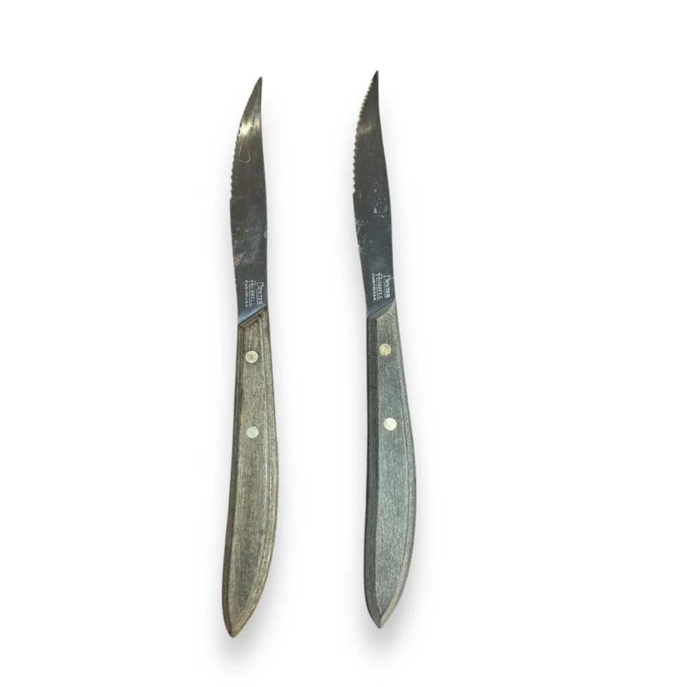 2 Vintage Dexter Russell Serrated Steak Knives Wood Handle Stainless ~ USA
